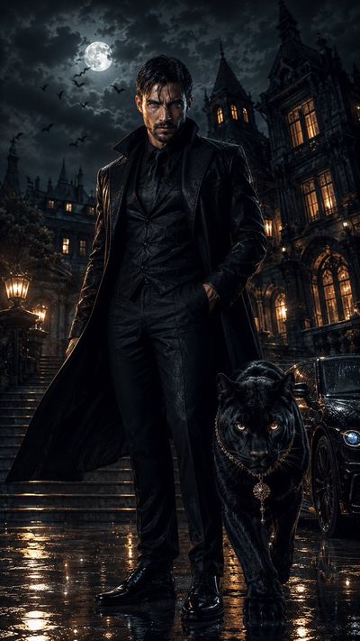 A brooding man and his panther stand before a moonlit mansion