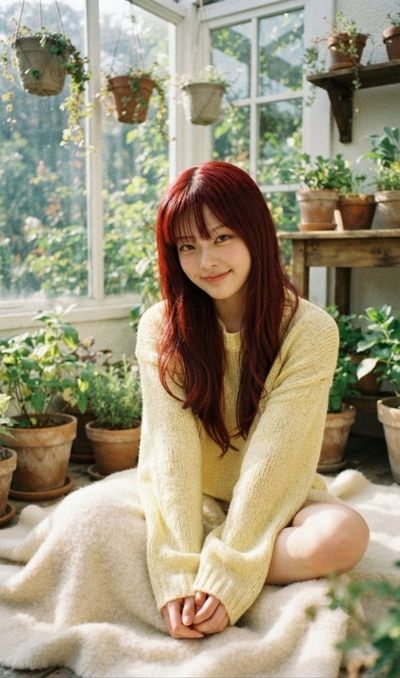 Red-haired woman smiles warmly in sun-drenched greenhouse sanctuary
