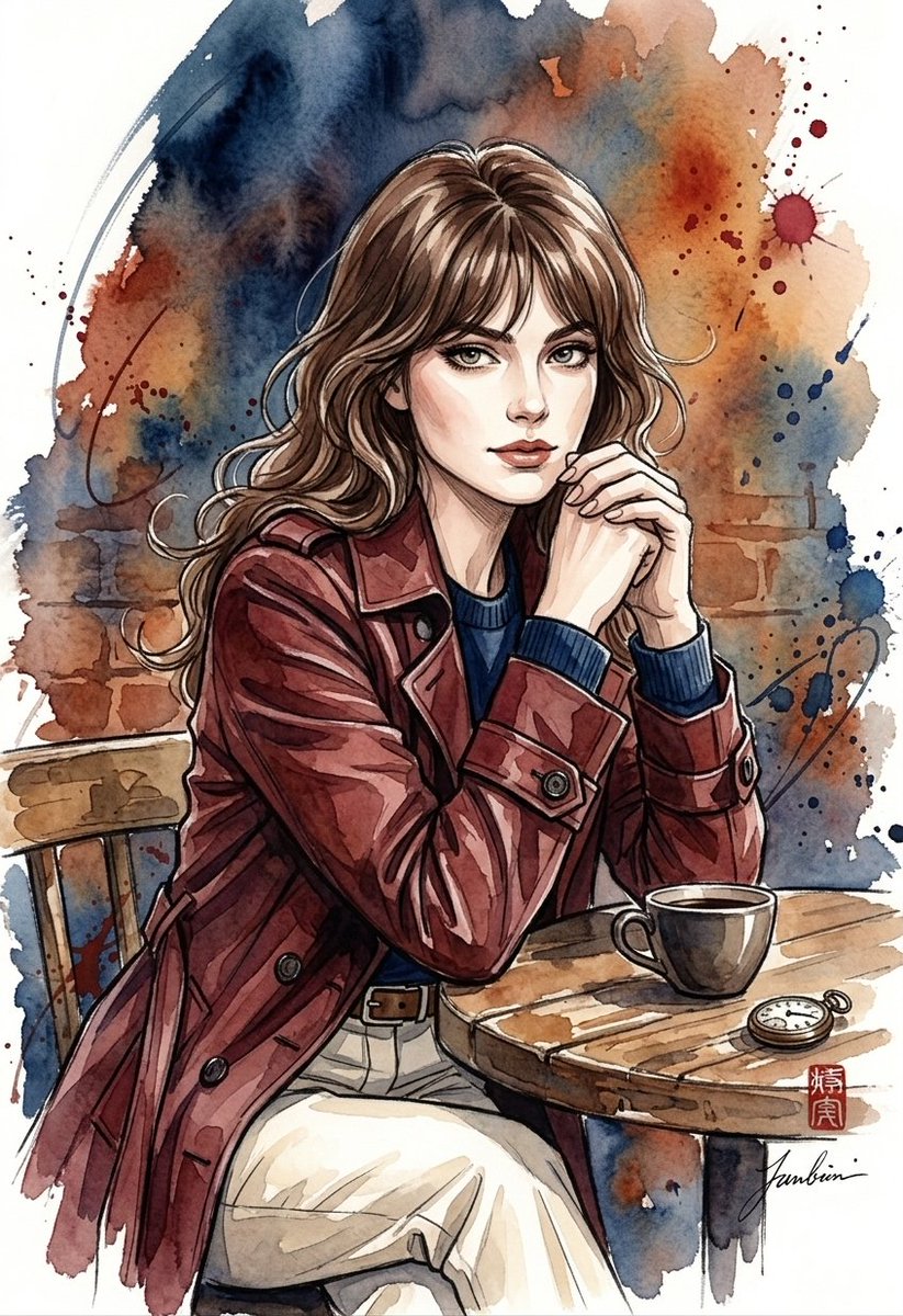 Elegant woman in burgundy coat walks through moody watercolor street