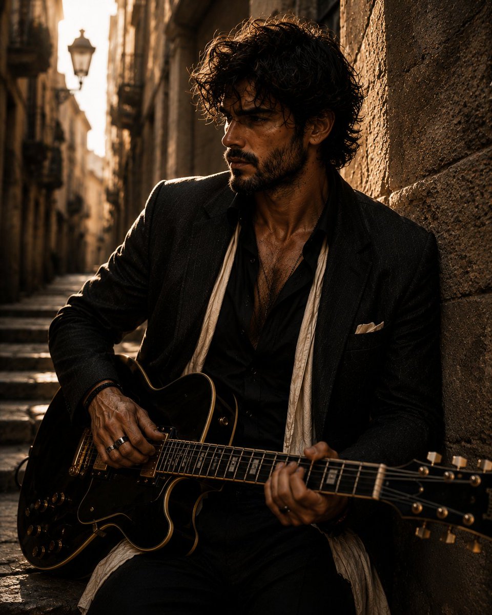 A brooding rockstar grips his guitar in a misty alleyway