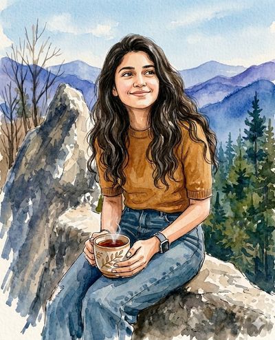 A woman in mustard sweater smiles at mountain sunrise