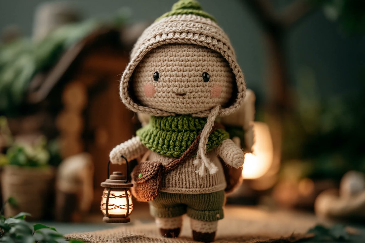 A crochet fox doll wears a warm scarf in a snowy forest