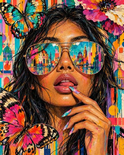 Woman in Aviator Sunglasses Reflects Psychedelic Cityscape Art