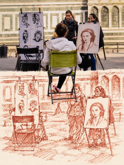Brick Red Marker Sketch Contrasts Real Photo on Poster