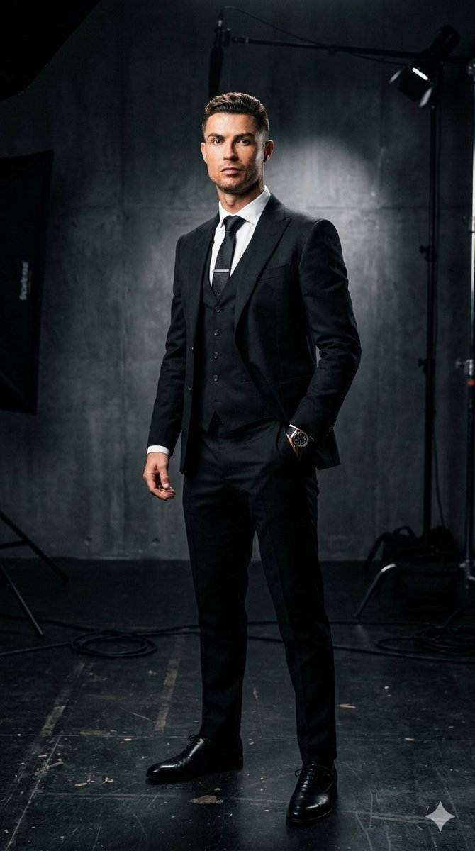 Cristiano Ronaldo poses in a sharp suit under dramatic studio lights