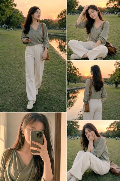 Asian woman walks beside canal during golden hour sunset photo series
