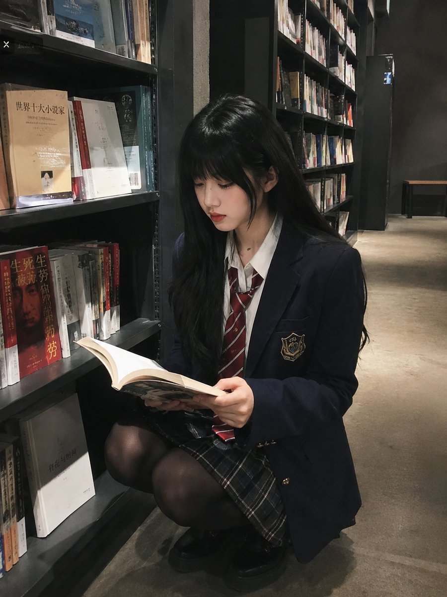 A student poses calmly in a cozy bookstore with books.