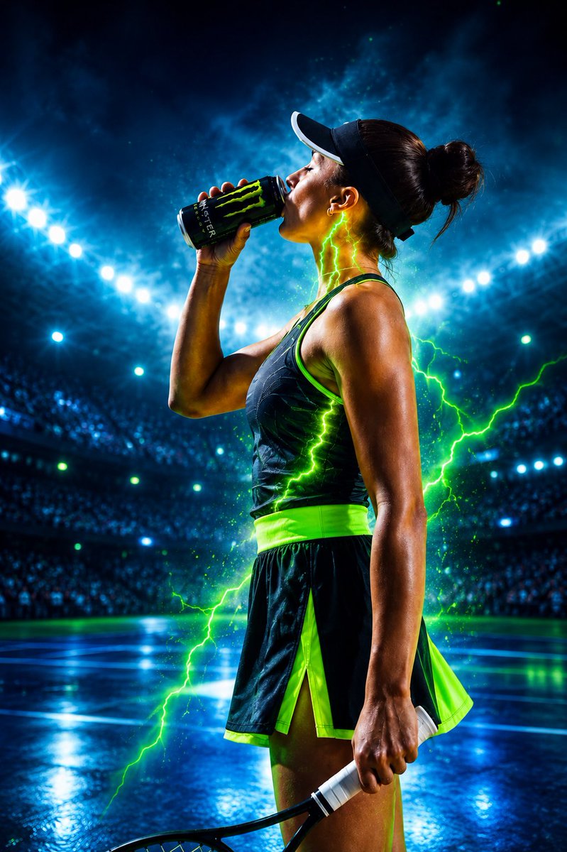 Elite tennis champion glows with neon energy on futuristic court