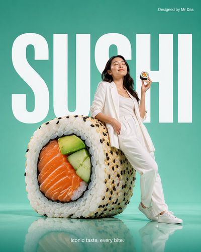 A young woman leans on an oversized sushi roll in a minimalist ad.