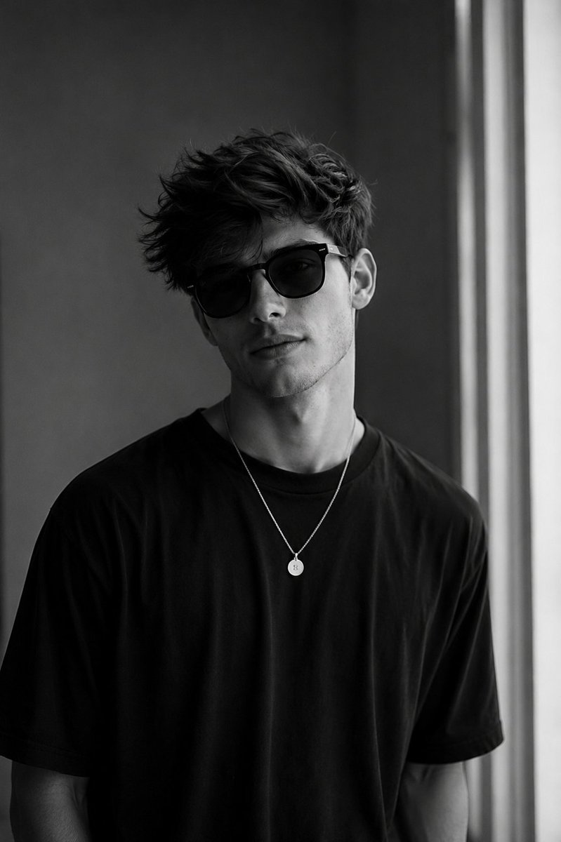 Young man in oversized black sunglasses by window in monochrome