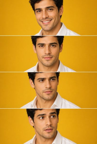 Four-Panel Expression Sheet of a Smiling Young Man on Yellow
