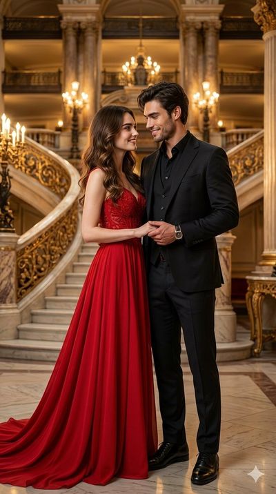 Royal couple shares romantic gaze in opulent palace hall