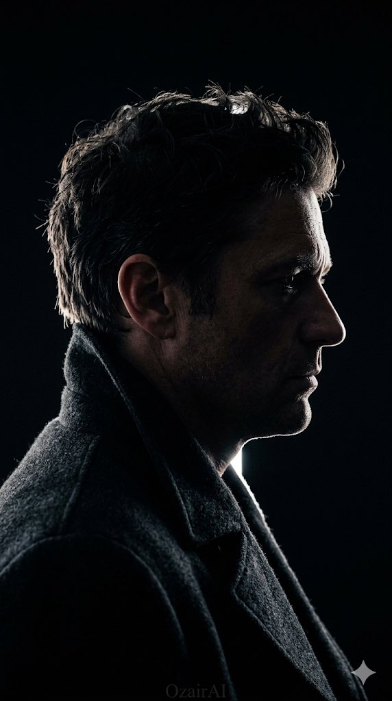 A man's silhouette profile emerges from pure black shadow