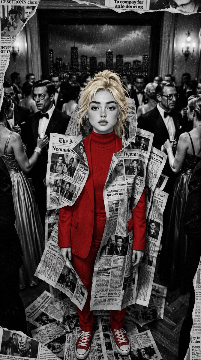 A blonde girl in red stands out among monochrome guests