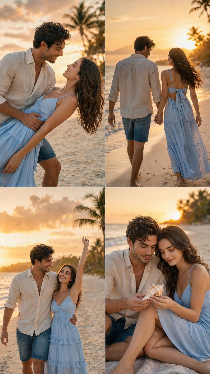 A romantic beach couple collage glows in golden sunset light