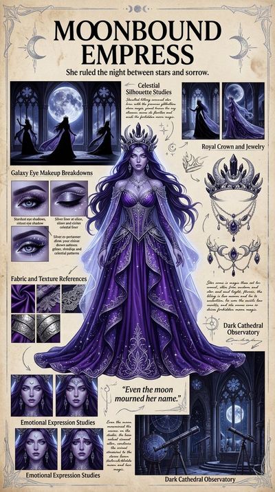 Emerald velvet gown queen stands in moonlit forest cathedral