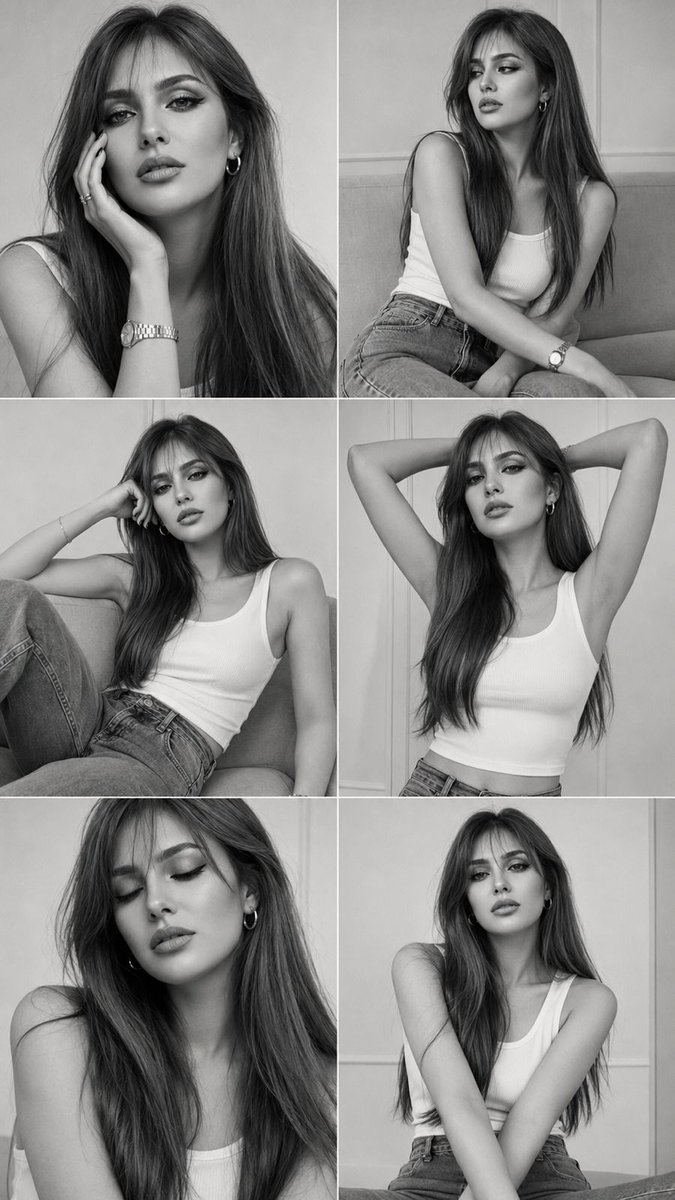 Six monochrome frames capture a young woman's editorial elegance