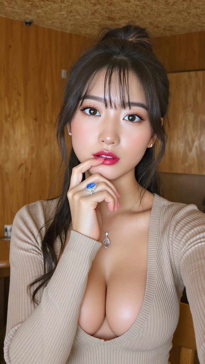 Young East Asian woman with blue ring poses thoughtfully in warm restaurant