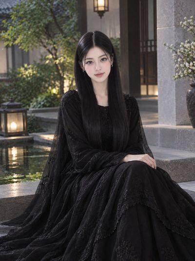 Serene Woman in Black Dress Sits on Japanese Courtyard Steps