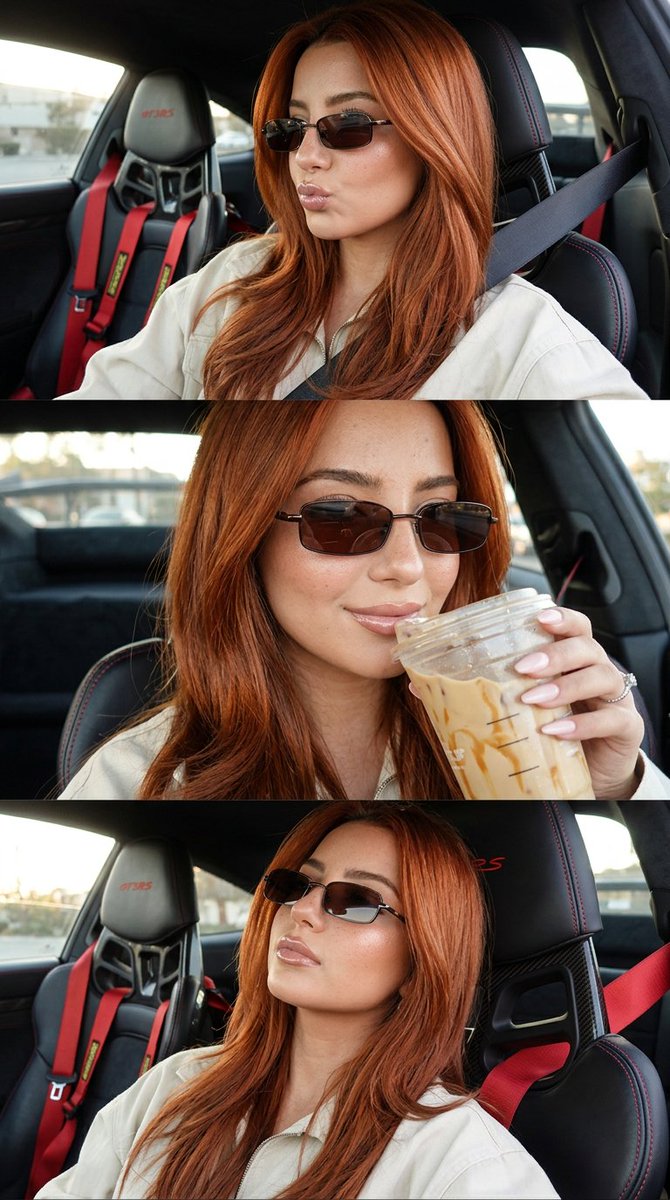Redhead model sips iced coffee in luxury Porsche selfie collage
