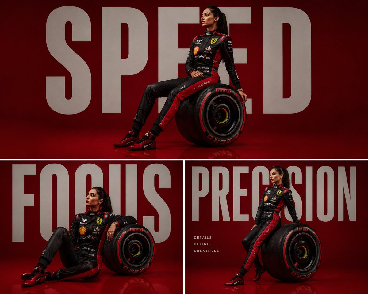 Luxury Formula 1 triptych poster featuring a glamorous female driver