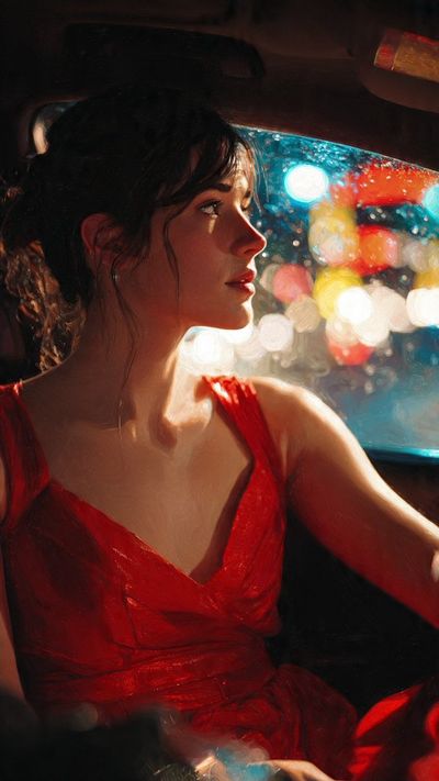 Woman in red dress gazes at rainy city lights from car