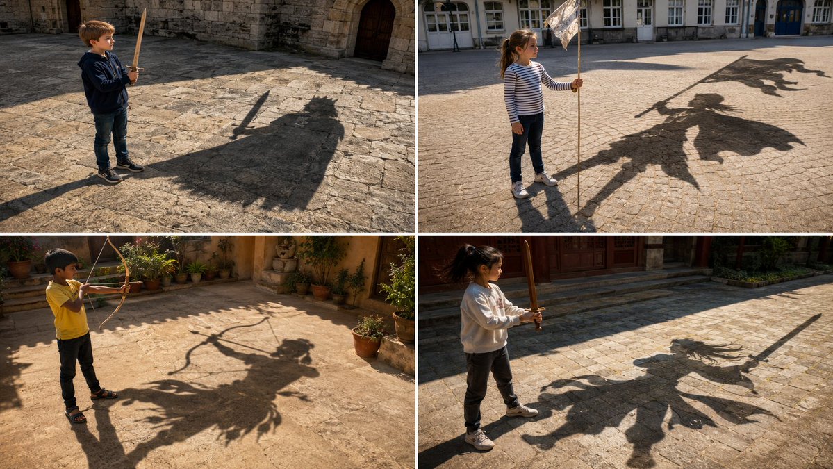 Four children from different nations cast heroic shadows in sunlight