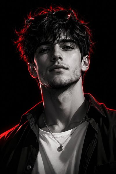 Low-angle portrait of a confident man with neon red rim lighting