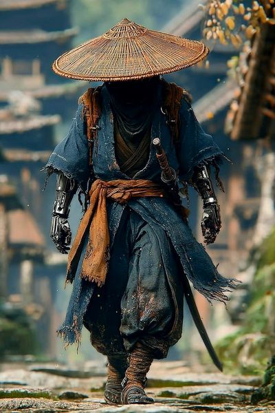 Cinematic Realism: Half-Cyborg Ninja on a Misty Stone Path