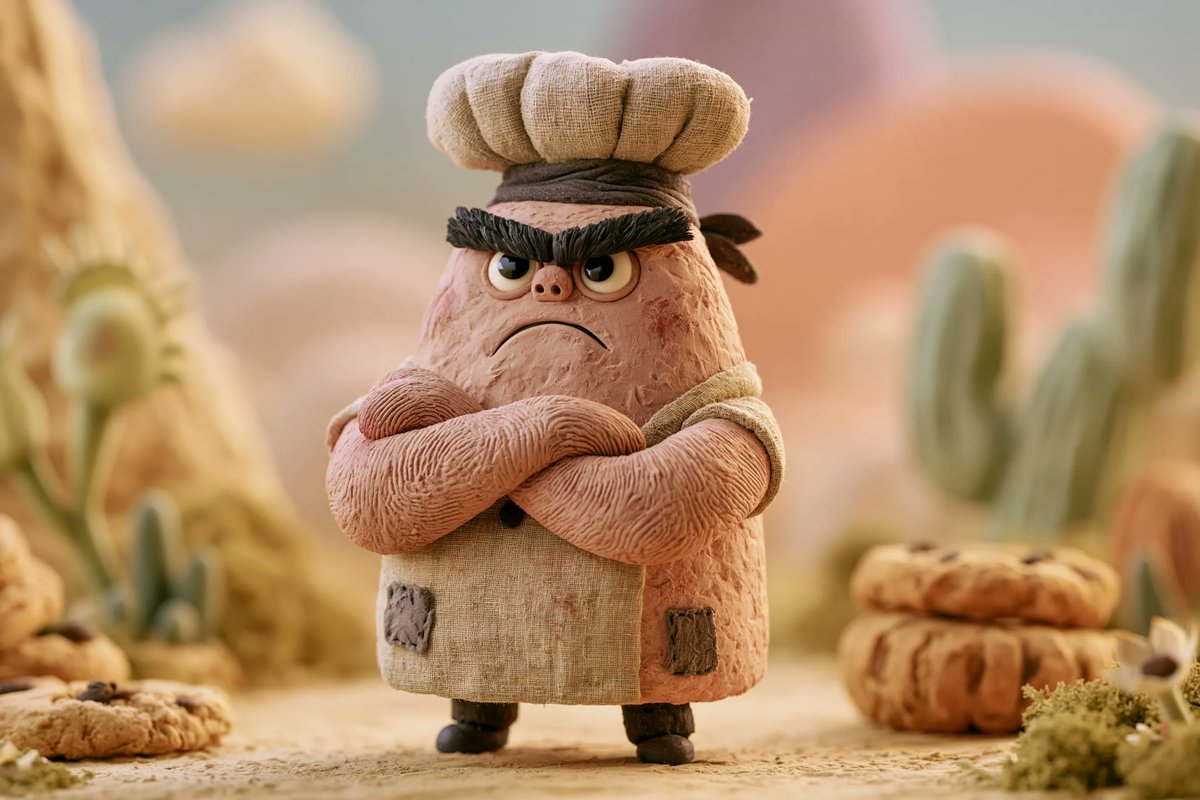 A claymation cat with visible fingerprints sits in a pastel diorama