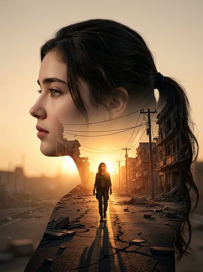 Cinematic Double Exposure: A Solitary Walk Through a Ruined City