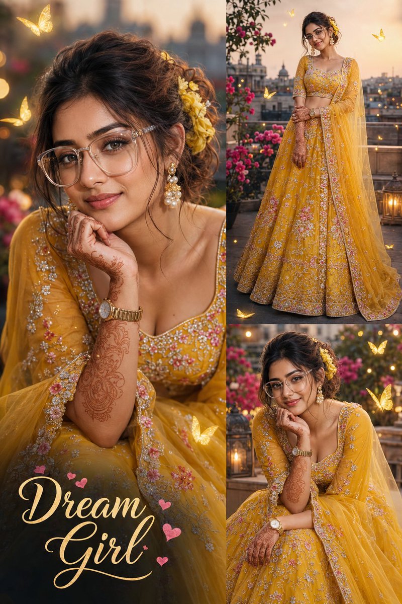South Asian woman poses in three views wearing embroidered yellow lehenga
