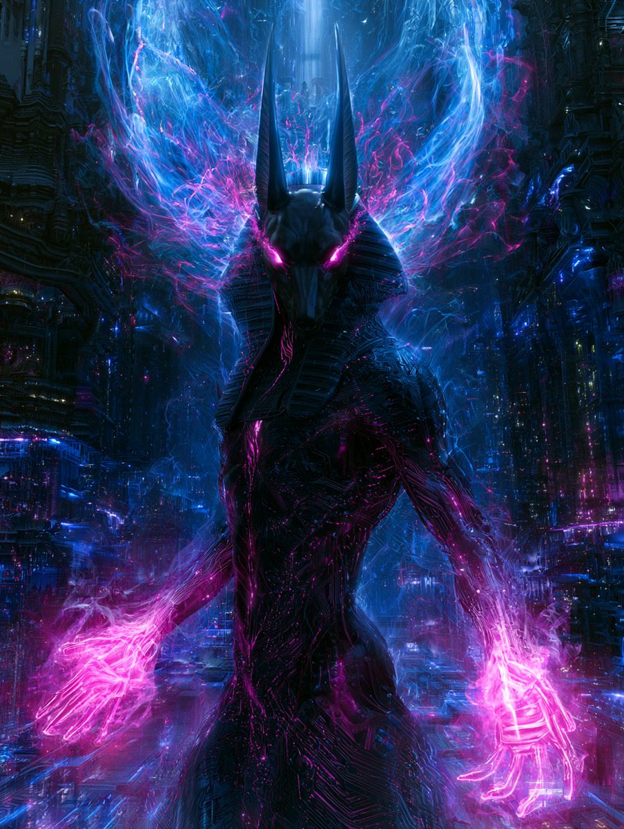 A jackal-headed Egyptian god stands in a neon-lit futuristic city.