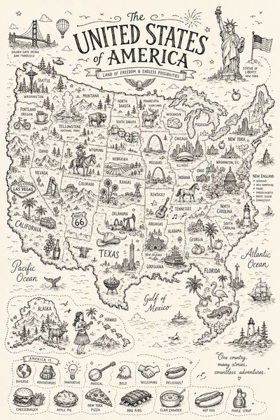 Hand-drawn doodle map of Japan filled with iconic landmarks and culture.