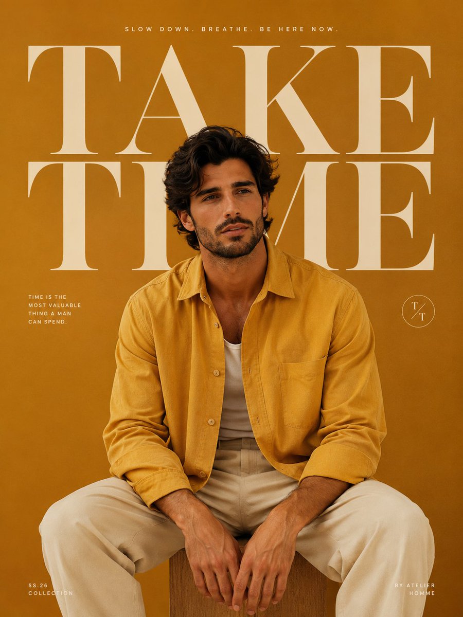 Young male model sits calmly in vivid mustard overshirt