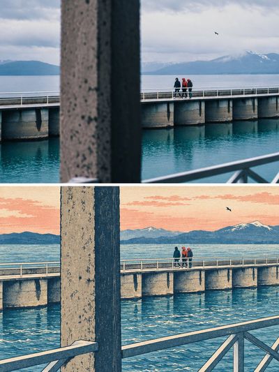 Coastal Bridge Reimagined as Ukiyo-e Woodblock Print with Modern Flair