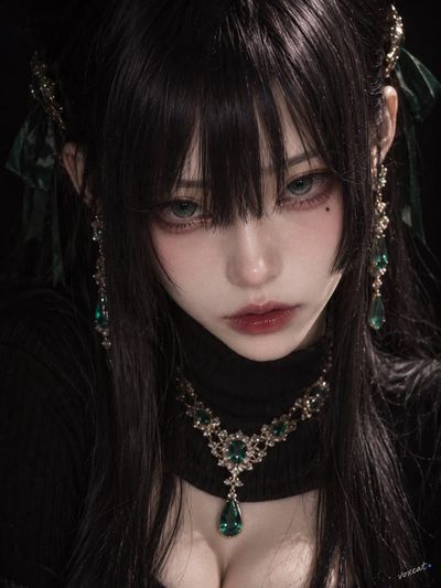 Porcelain-skinned woman with emerald eyes stares in dark close-up portrait