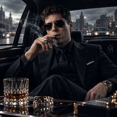 Modern Mafia Boss Sits in Luxury Black Car Smoking Cigar