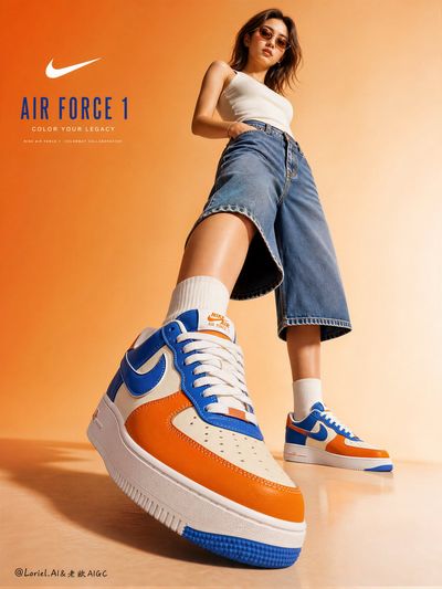 Low-angle fashion model showcases colorful Nike Air Force 1