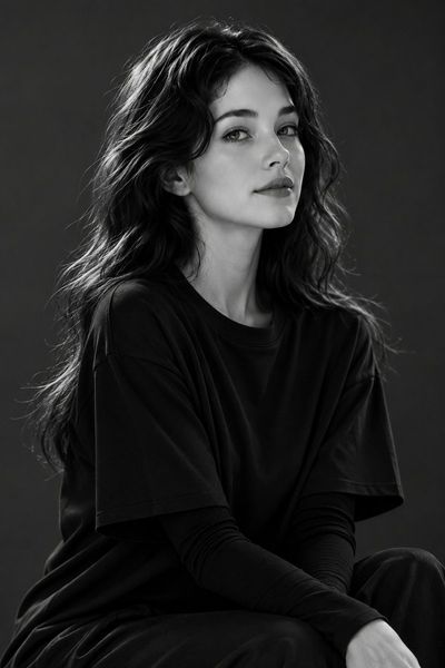 A woman with dark wavy hair smiles softly in black-and-white studio portrait