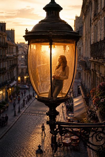 Woman finds sanctuary inside giant streetlamp on cobblestone street
