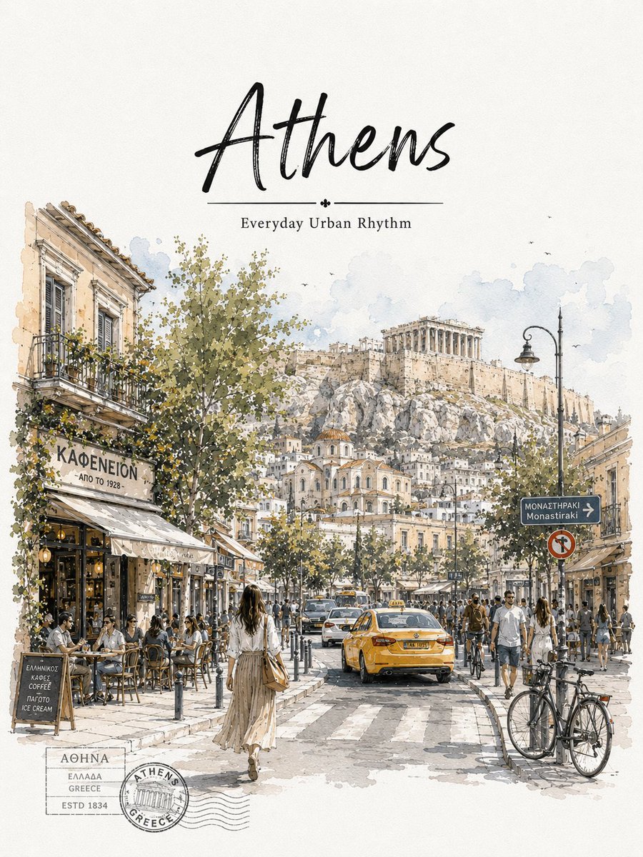 Athens Monastiraki street scene with Acropolis rising above