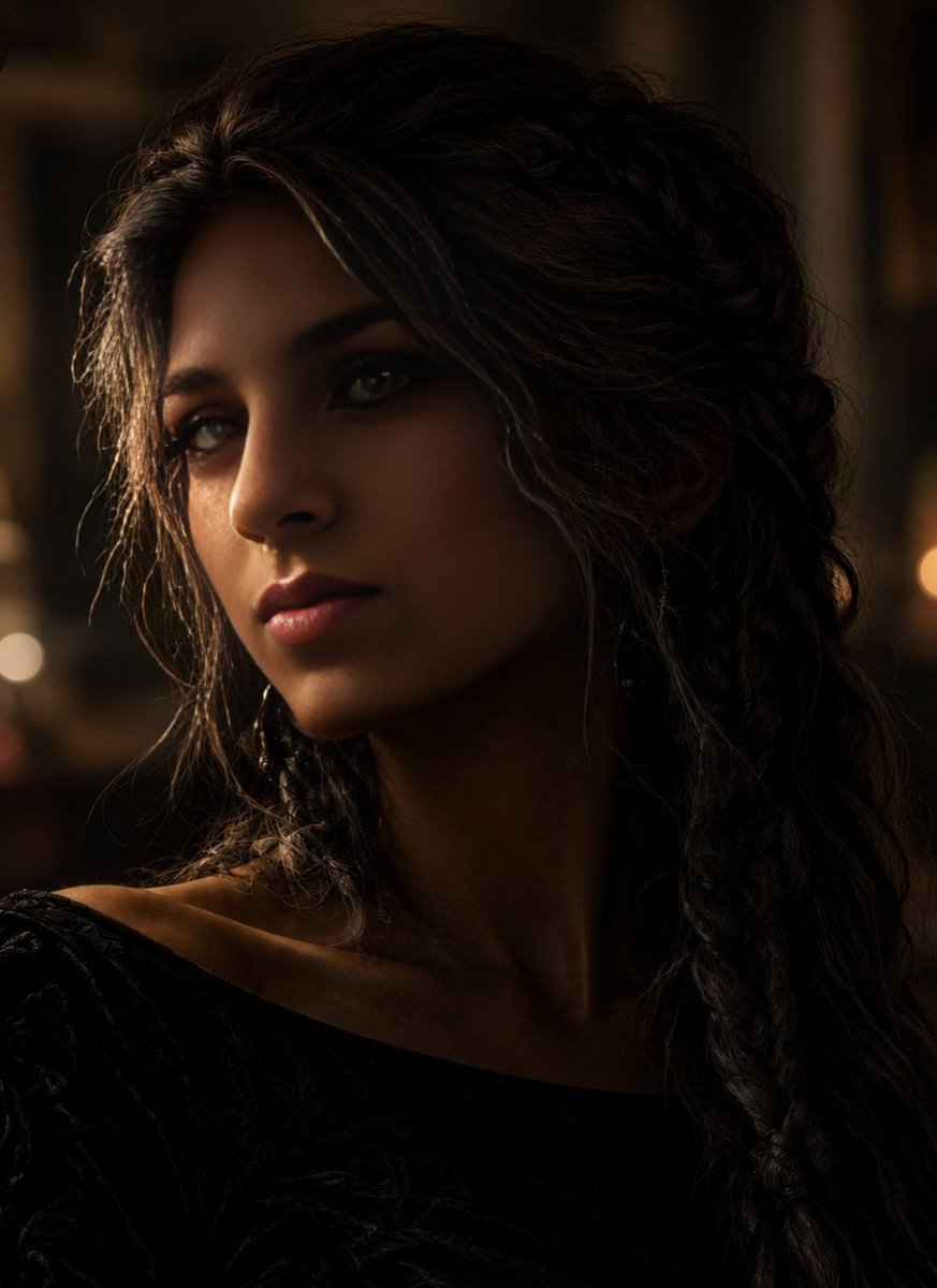 Green-eyed woman in black medieval gown poses in candlelit castle
