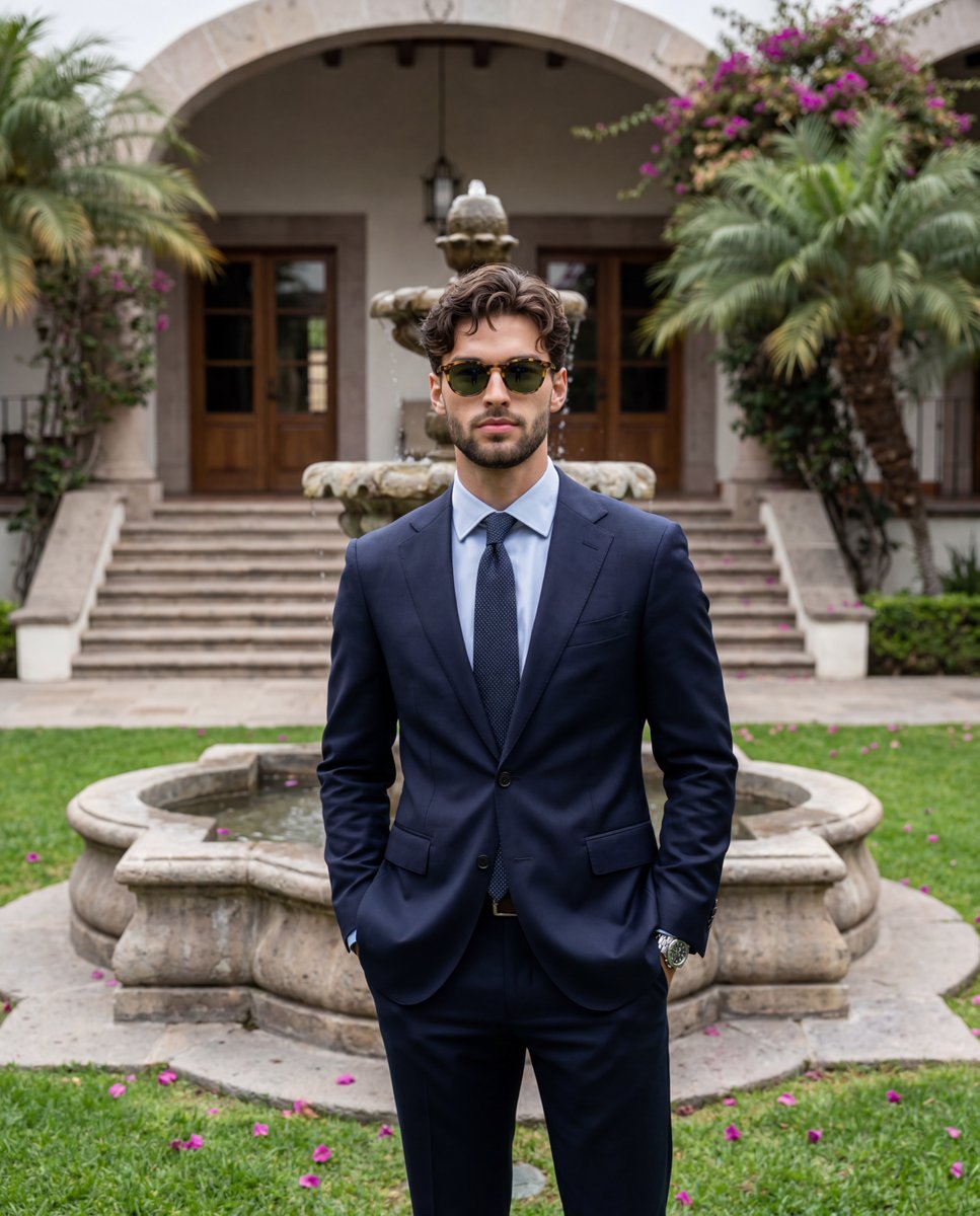 Young man in navy suit poses by weathered stone fountain