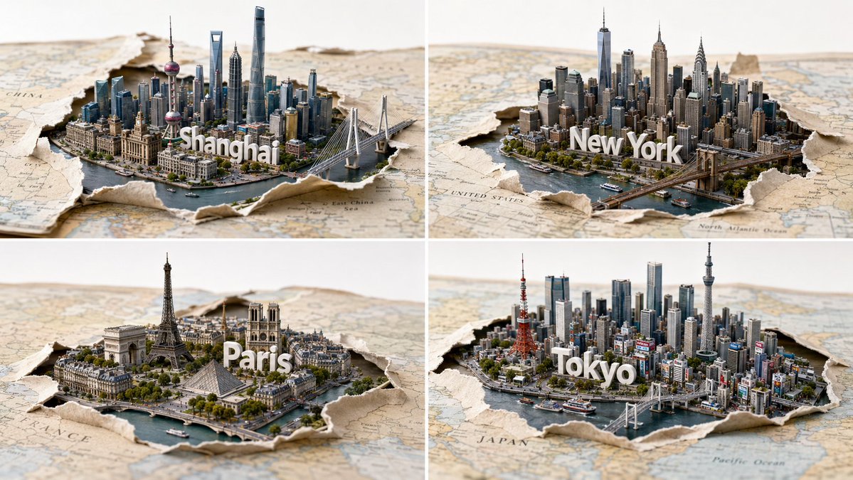 Paper map tears reveal a skyline of four iconic cities