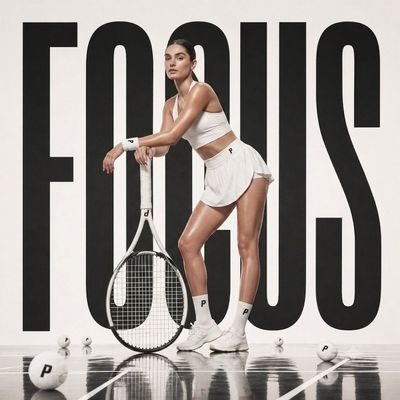 A confident tennis star poses beside an oversized racket sculpture