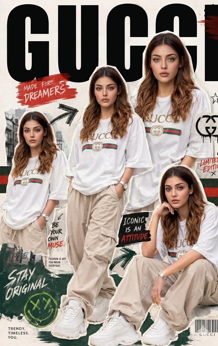 Urban fashion model strikes multiple poses in oversized streetwear