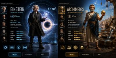 Einstein stands as a strategist in a cyberpunk character select screen