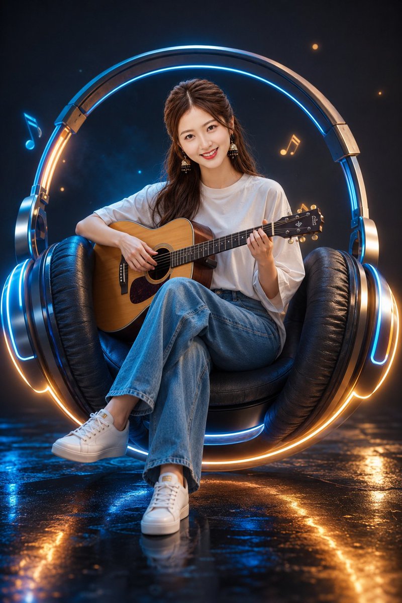 A young woman sits inside giant neon headphones playing guitar