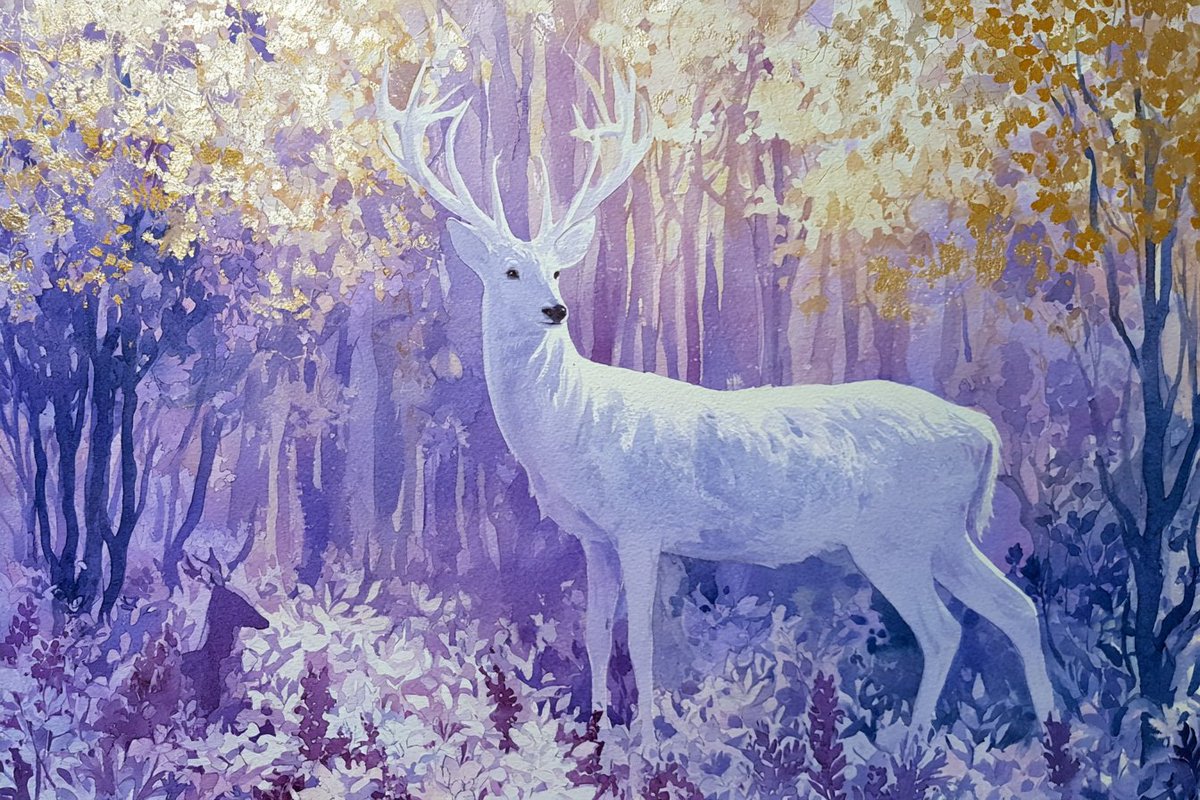 A magical deer wanders through a vibrant watercolor forest